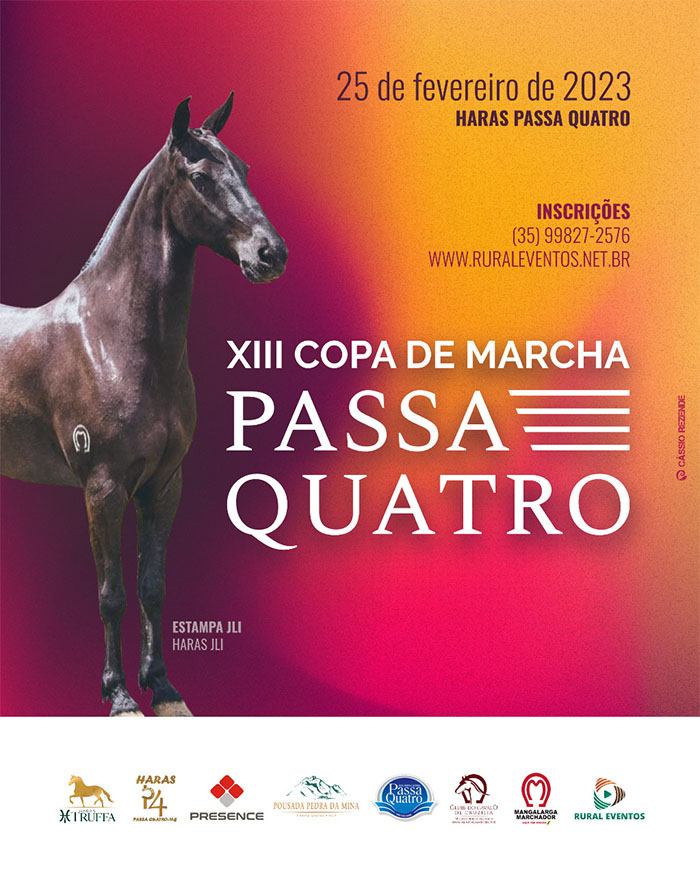 Data: 25 de fevereiro de 2023 | Local: Haras Passa Quatro | Cidade: Passa Quatro - MG | Realização: ABCCMM, Núcleo Berço da Raça | Promoção: Rural Eventos | Contato: Alex Barbosa (Rural Eventos) | Telefone: (35) 9 9827-2576 | E-mail: eventosrural@gmail.com