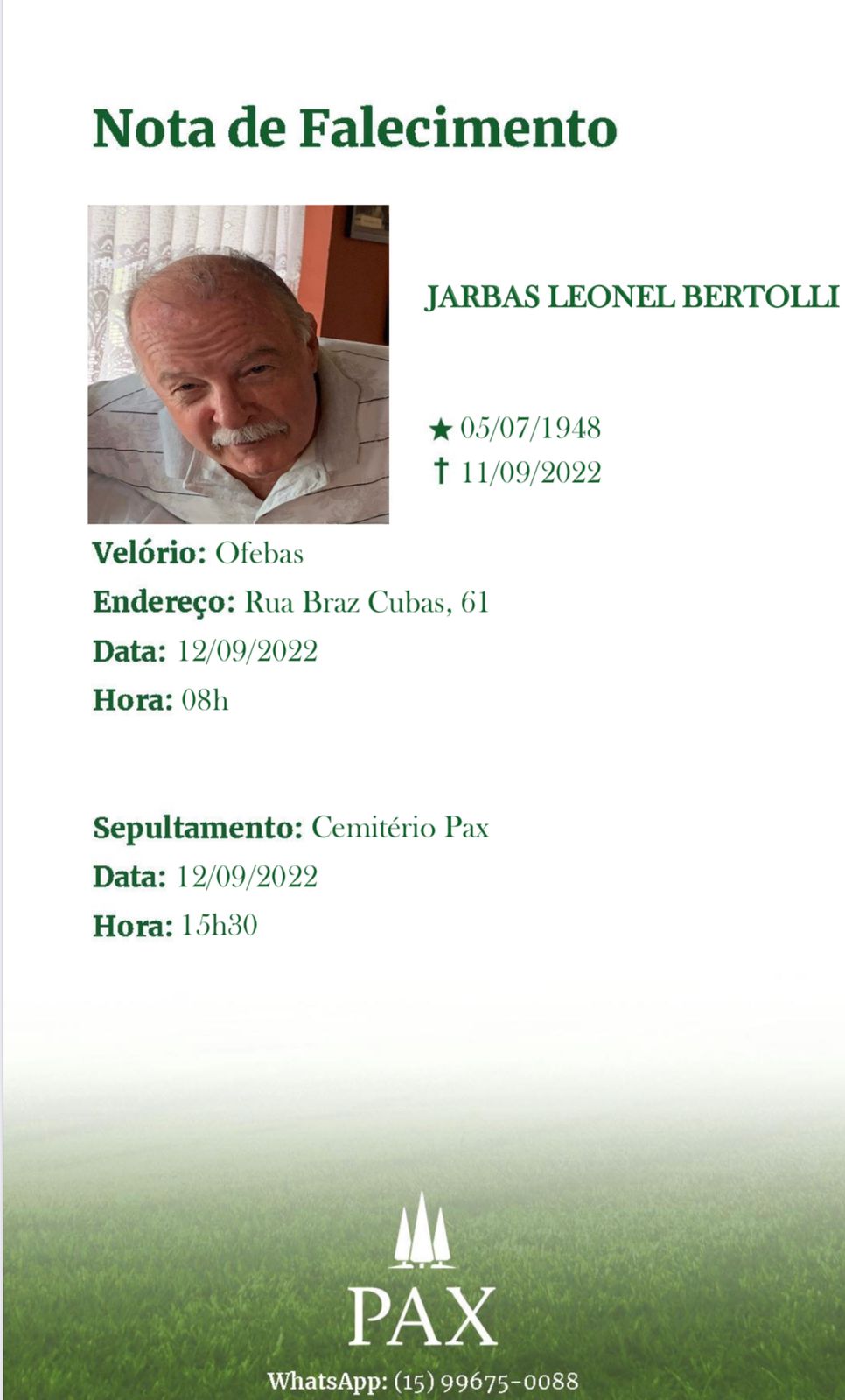 Faleceu Dr Jarbas Bertolli